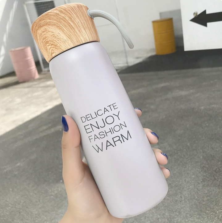 Portable Water Cup Student Creative Wood Grain Lid Handle Thermos - One Red Hill